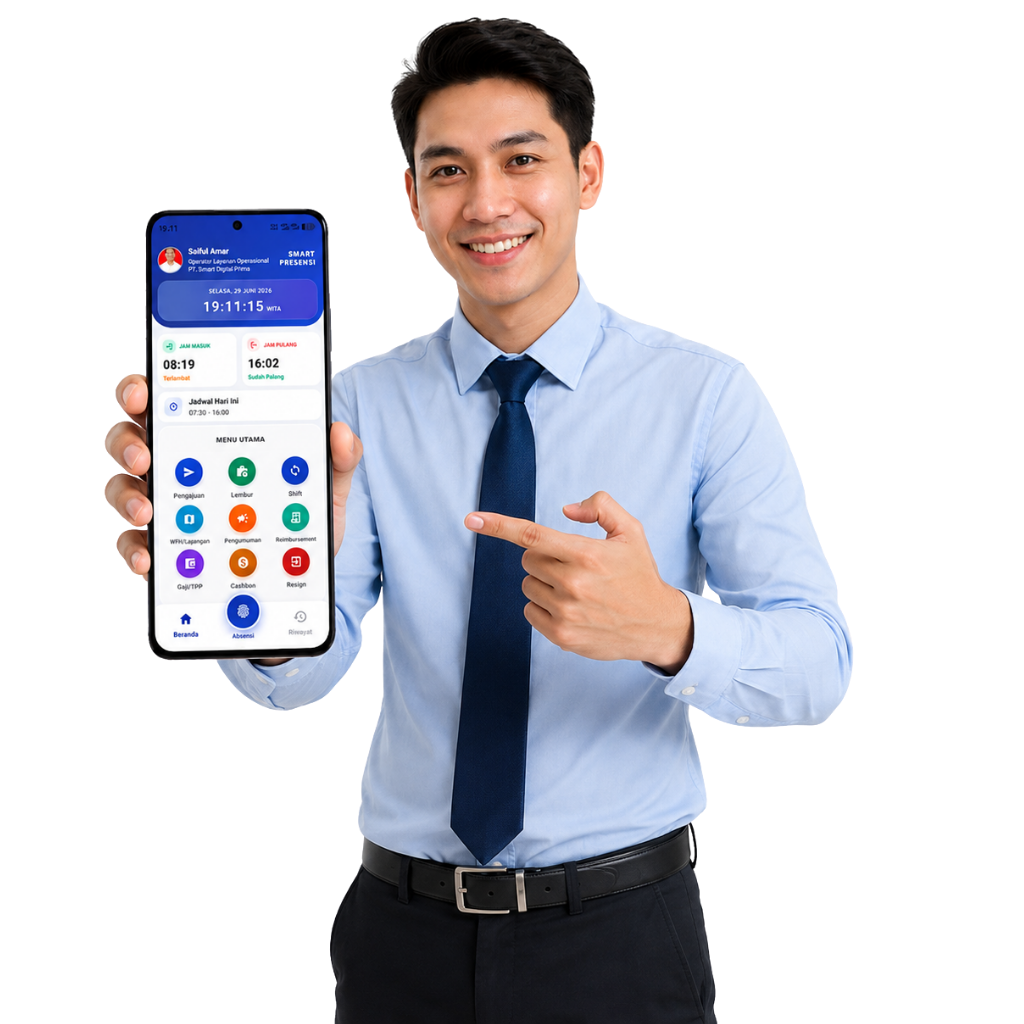 Pengguna menunjukkan aplikasi Smart Presensi di HP